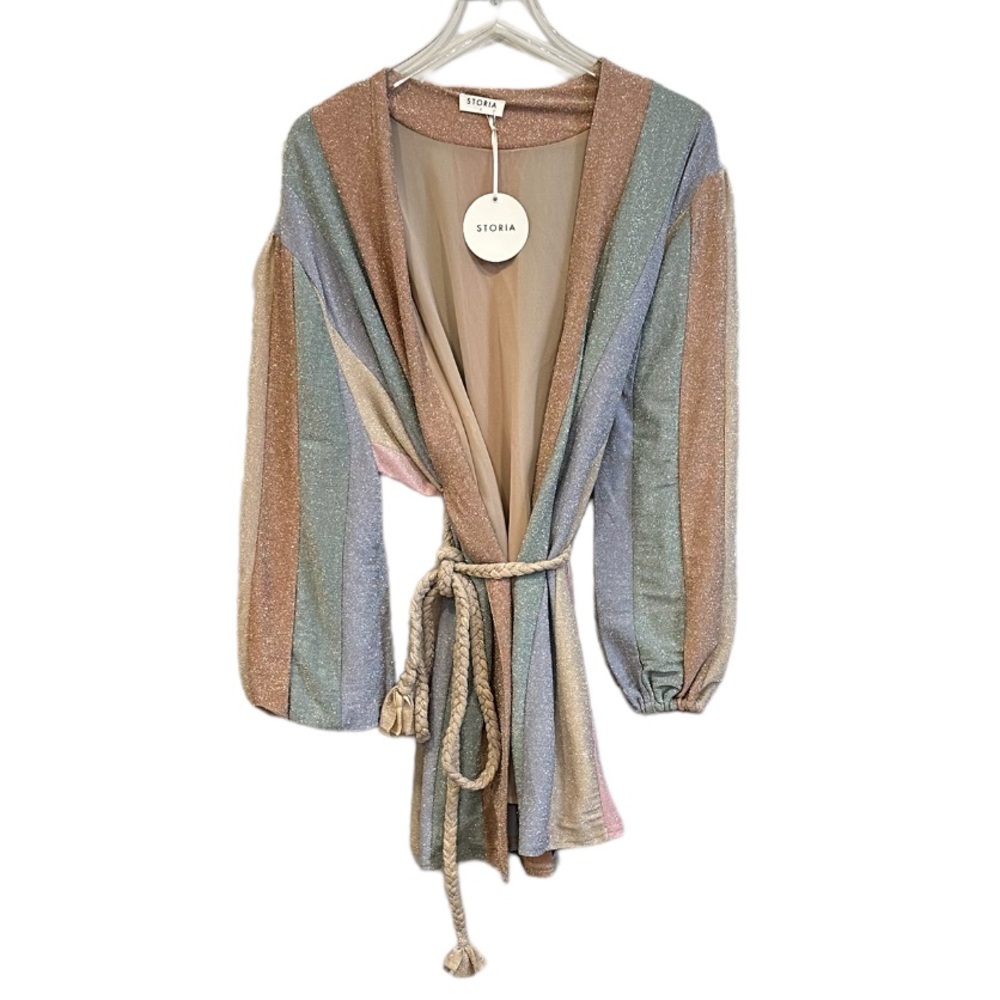 Storia Color My World Pastel Shimmer Striped Long Balloon Sleeves Wrap Dress